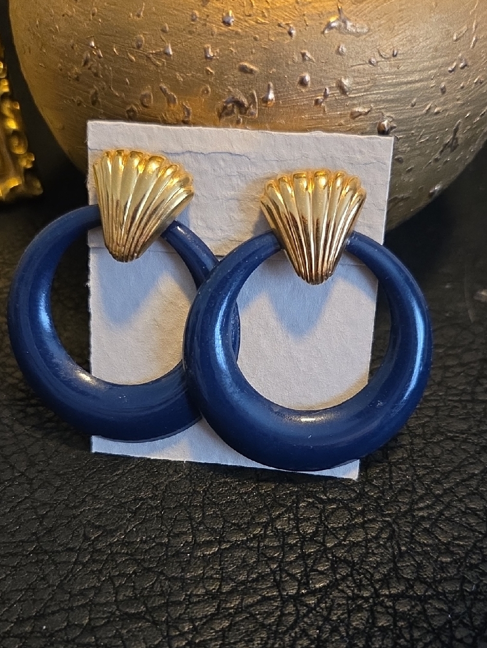 Vintage Gold Shell Top Blue Enamel Hoop Earrings